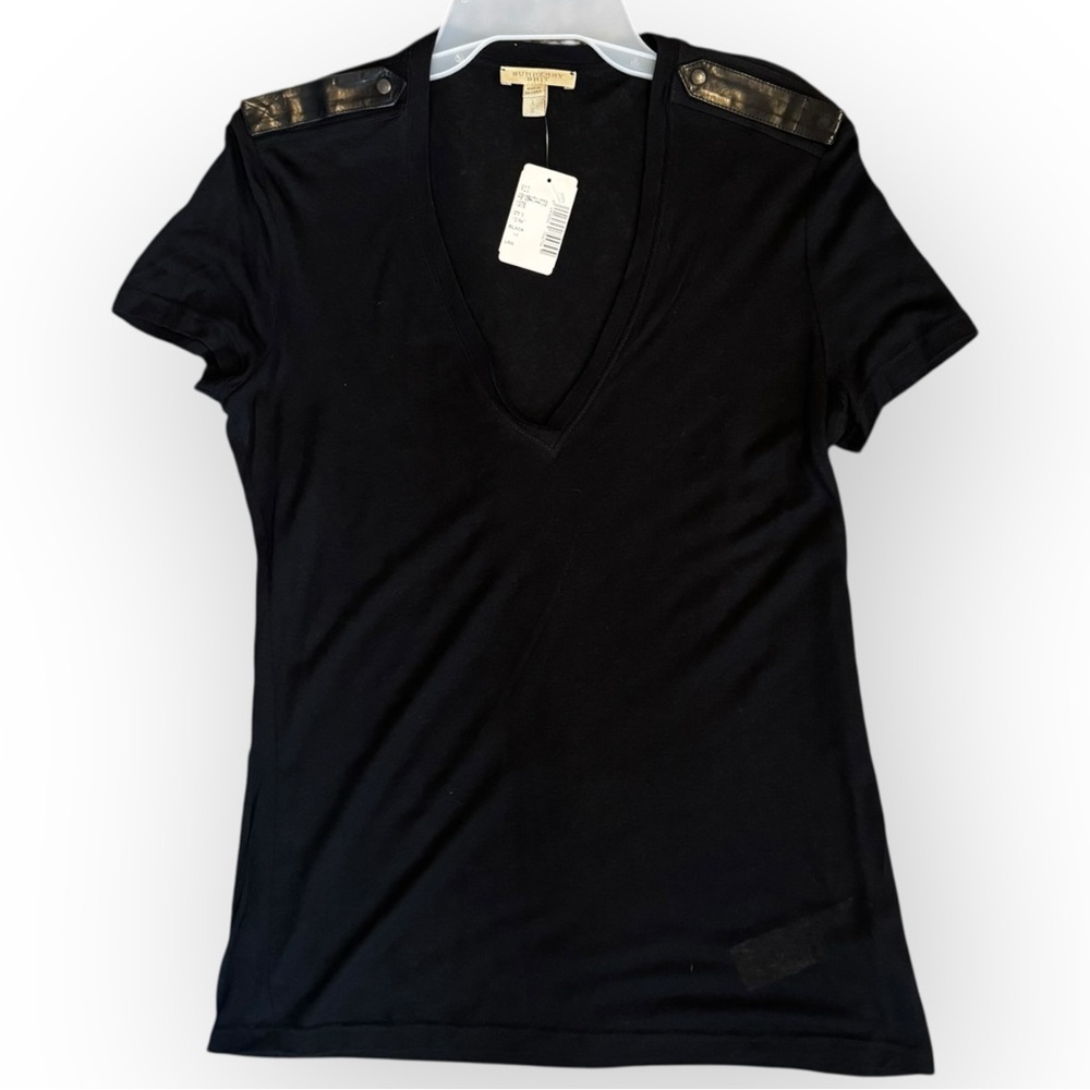 NWT Burberry Brit Women’s Deep V- Neck Black Short Sleeve T-Shirt Top Blouse L